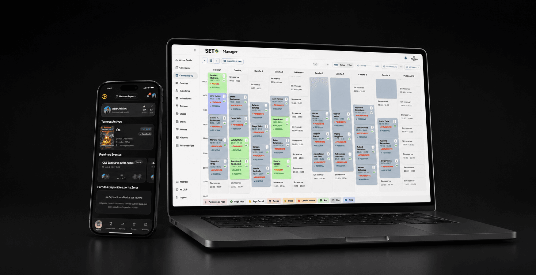 SetPlus en móvil y SetPlus Manager Calendario V2 en laptop