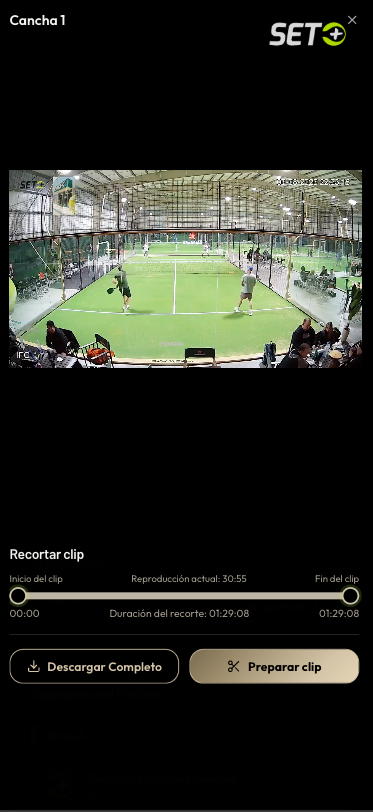 Reproducción y recorte de un partido en SetPlus App