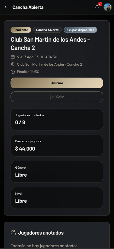 Detalle de una cancha abierta en SetPlus App