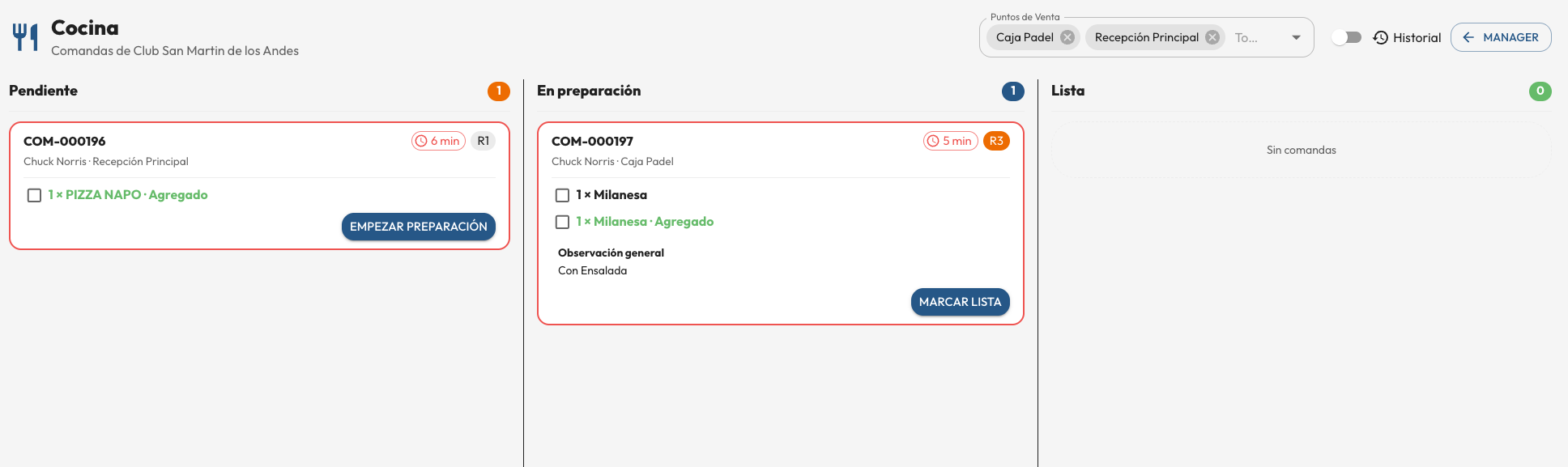 Tablero de comandas de cocina en Manager SetPlus