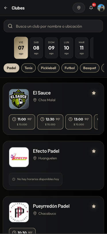 Clubes y horarios disponibles en SetPlus App