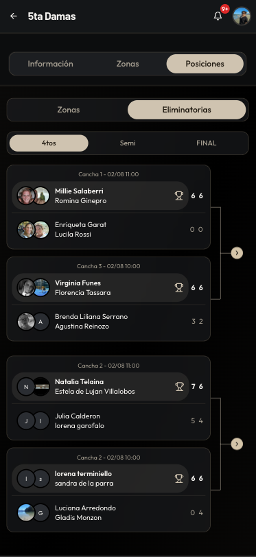 Eliminatorias de un torneo en SetPlus App