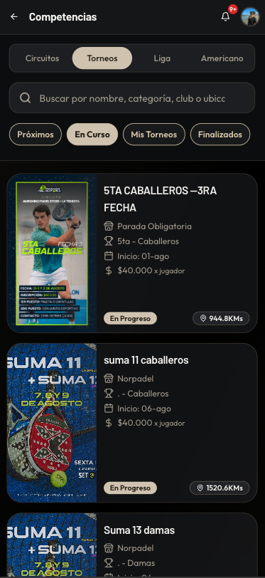 Listado de torneos en SetPlus App