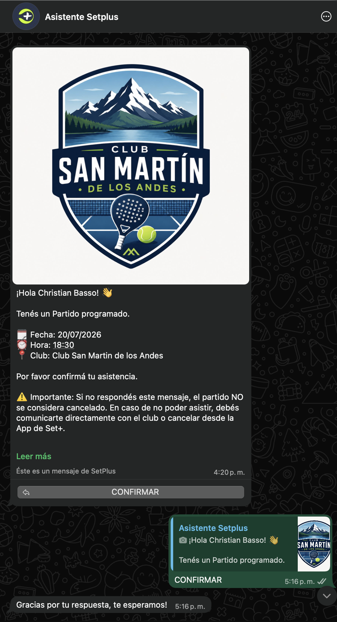 Confirmación automatizada del Asistente SetPlus por WhatsApp